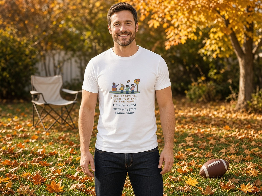 Funny Thanksgiving T-Shirt, Touch Football in the Yard, Grandpa Called Every Play from a Lawn Chair, Family Yard Game Tee, lifestyle photo, White