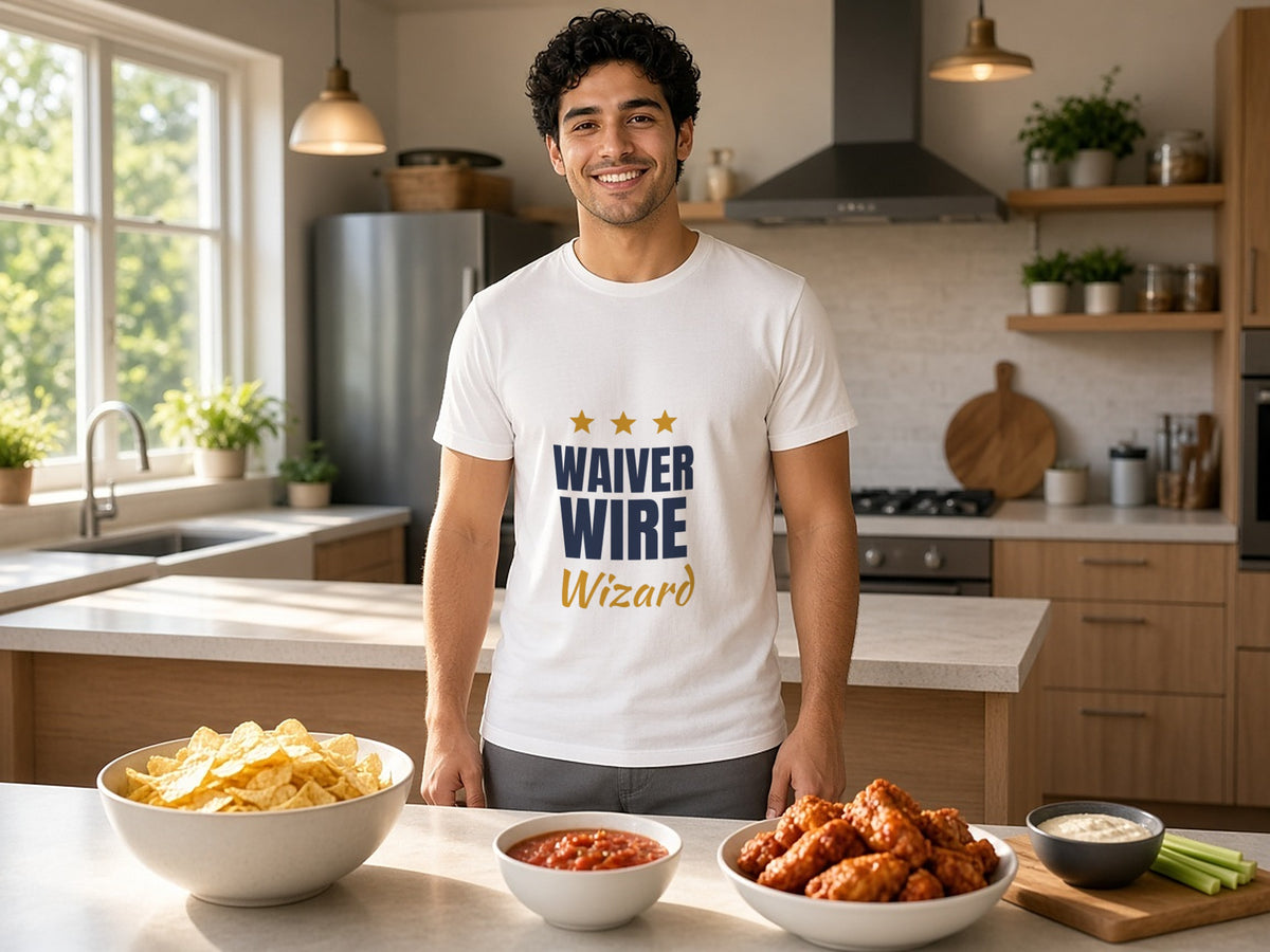 Waiver Wire Wizard T-Shirt, Funny Fantasy Football League Shirt, lifestyle photo, White