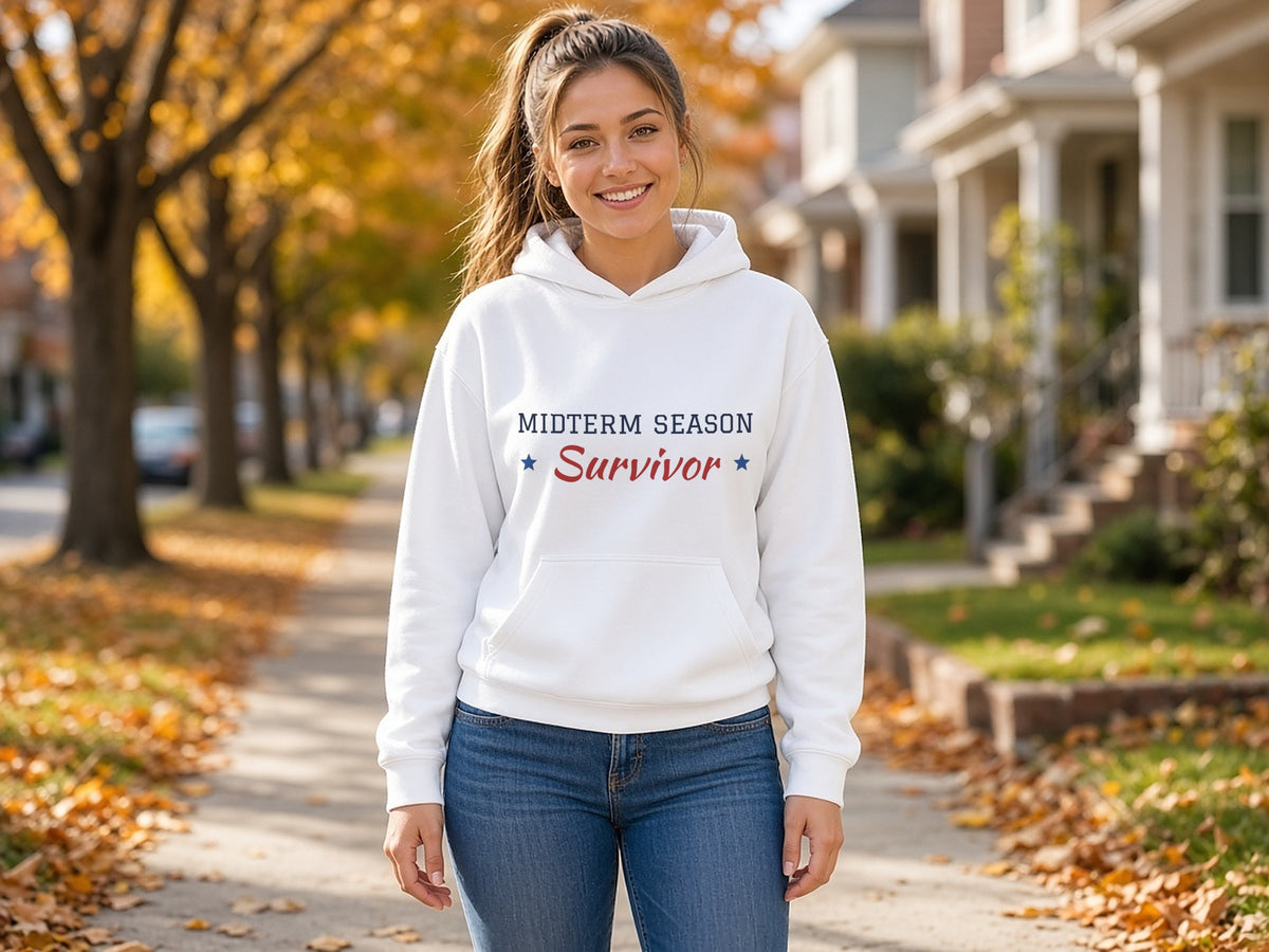 Midterm Season Survivor Hoodie, Funny Election Hoodie, lifestyle photo, White