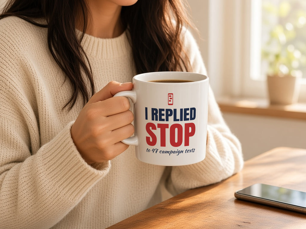I Replied STOP To 47 Campaign Texts 15oz Mug, Funny Election Coffee Mug, woman in a cream sweater holding the 15oz mug at a sunny kitchen table