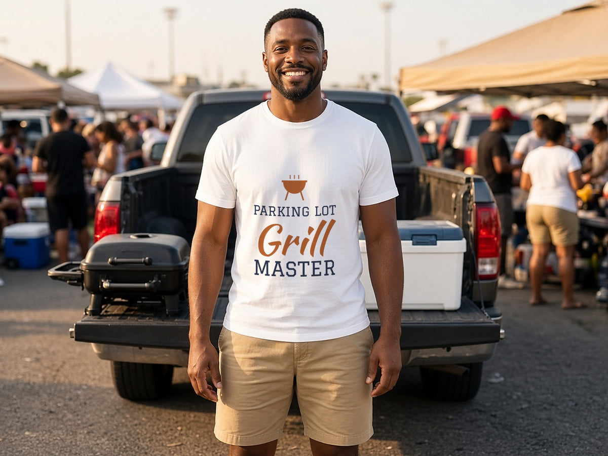 Parking Lot Grill Master T-Shirt, Funny Tailgate Shirt, lifestyle photo, White