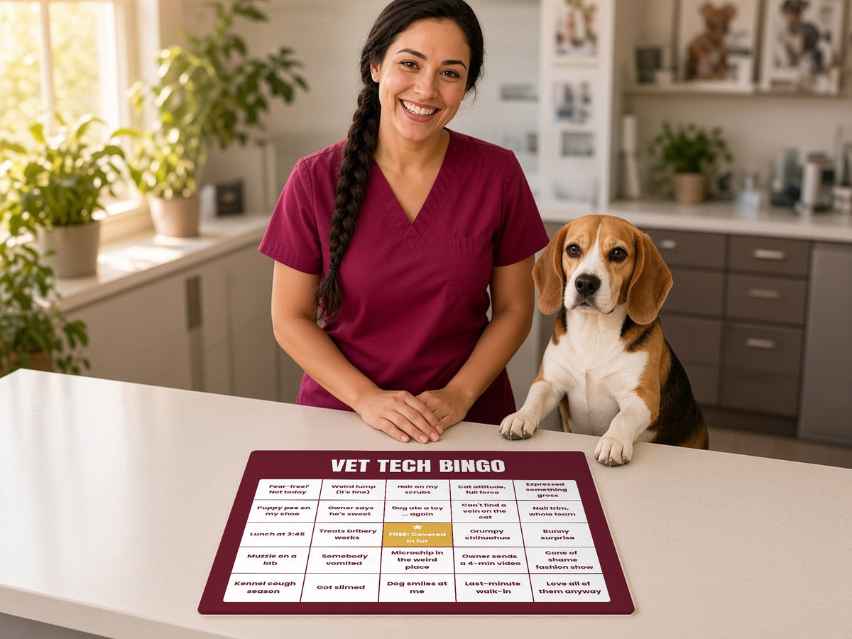 Vet Tech Bingo Desk Mat, lifestyle photo 1