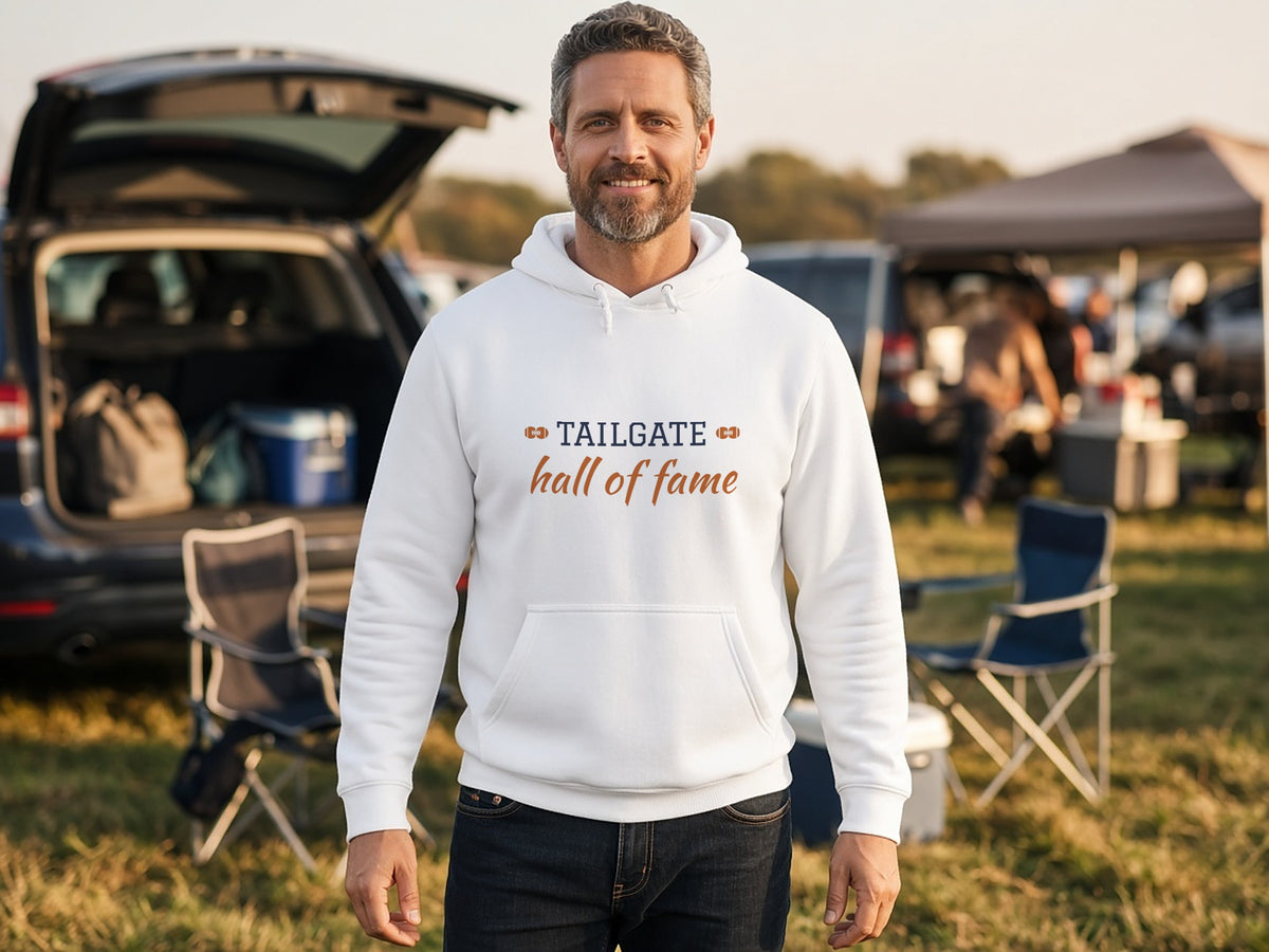 Tailgate Hall Of Fame Hoodie, Funny Tailgating Hoodie, lifestyle photo, White