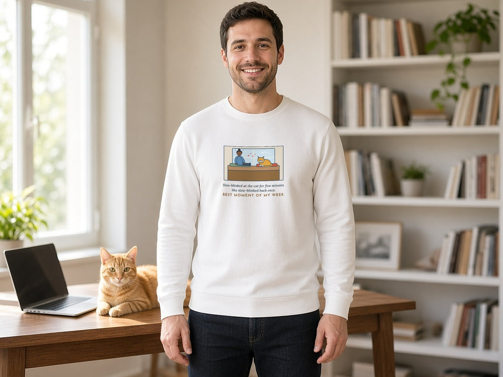 Cat Love Sweatshirt, Five Minutes of Eye Kisses, She Blinked Back Once, Best Moment of My Week, Funny Window Seat Crewneck, lifestyle photo, White
