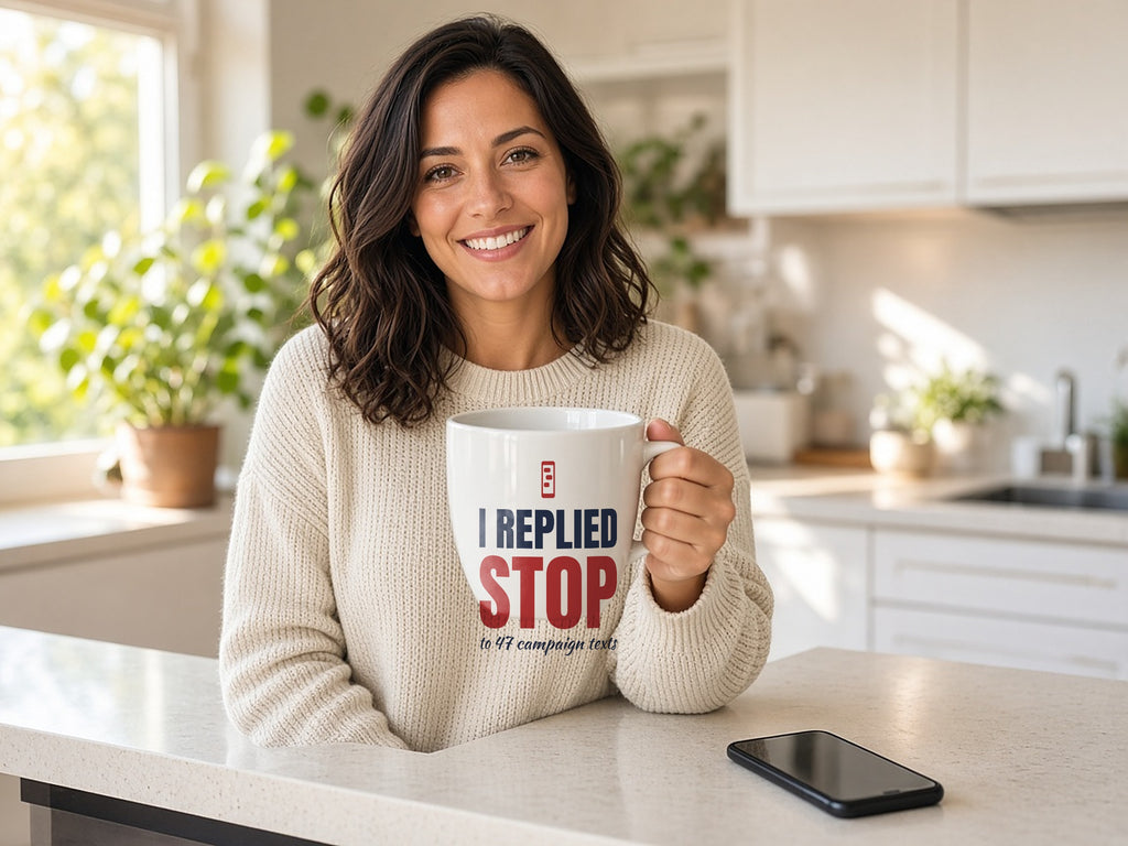 I Replied STOP To 47 Campaign Texts 15oz Mug, Funny Election Coffee Mug, lifestyle photo
