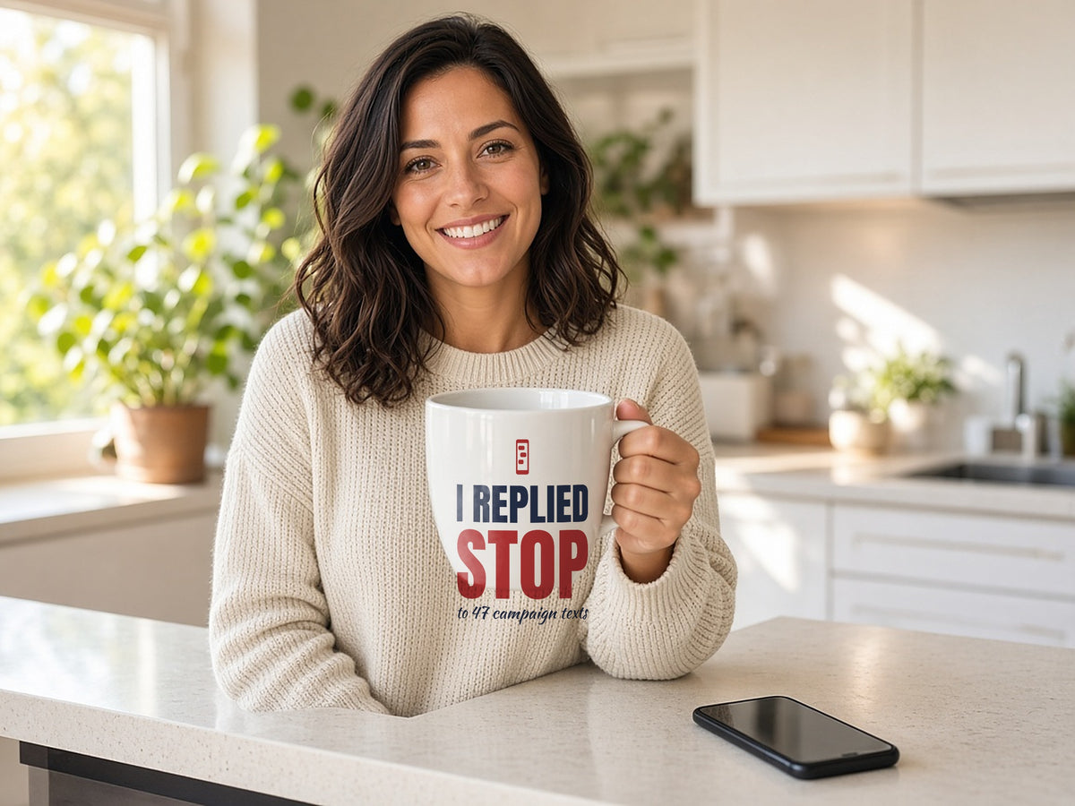 I Replied STOP To 47 Campaign Texts 15oz Mug, Funny Election Coffee Mug, lifestyle photo