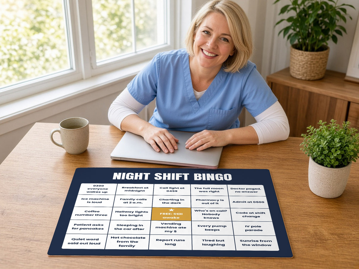 Night Shift Nurse Bingo Desk Mat, lifestyle photo 1