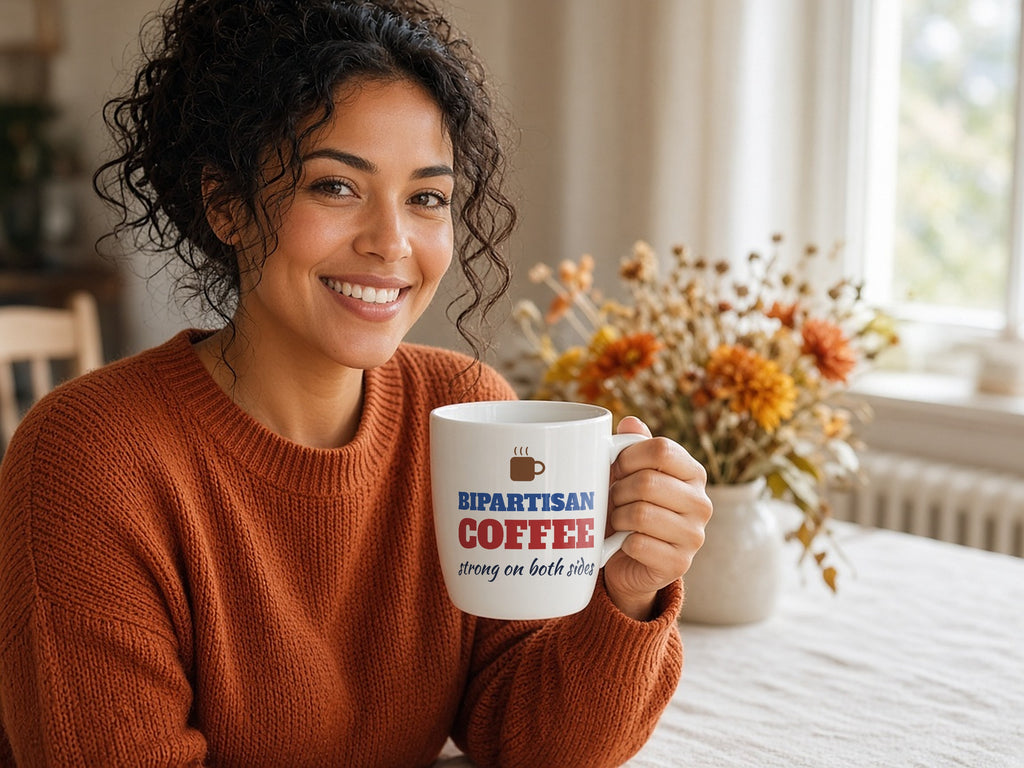 Bipartisan Coffee: Strong On Both Sides Mug, Funny Political Coffee Mug, lifestyle photo