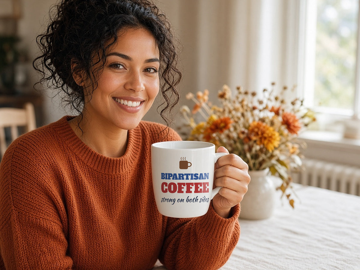 Bipartisan Coffee: Strong On Both Sides Mug, Funny Political Coffee Mug, lifestyle photo