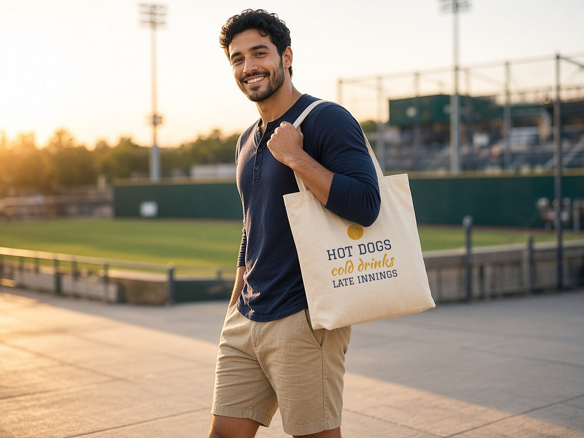 Hot Dogs, Cold Drinks, Late Innings Tote Bag, Baseball Fan Tote, lifestyle photo