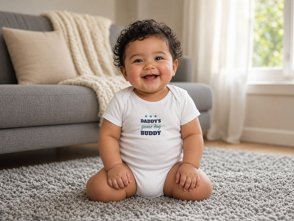 Daddy's Game Day Buddy Baby Bodysuit, Cute Sports Baby Outfit, lifestyle photo, White