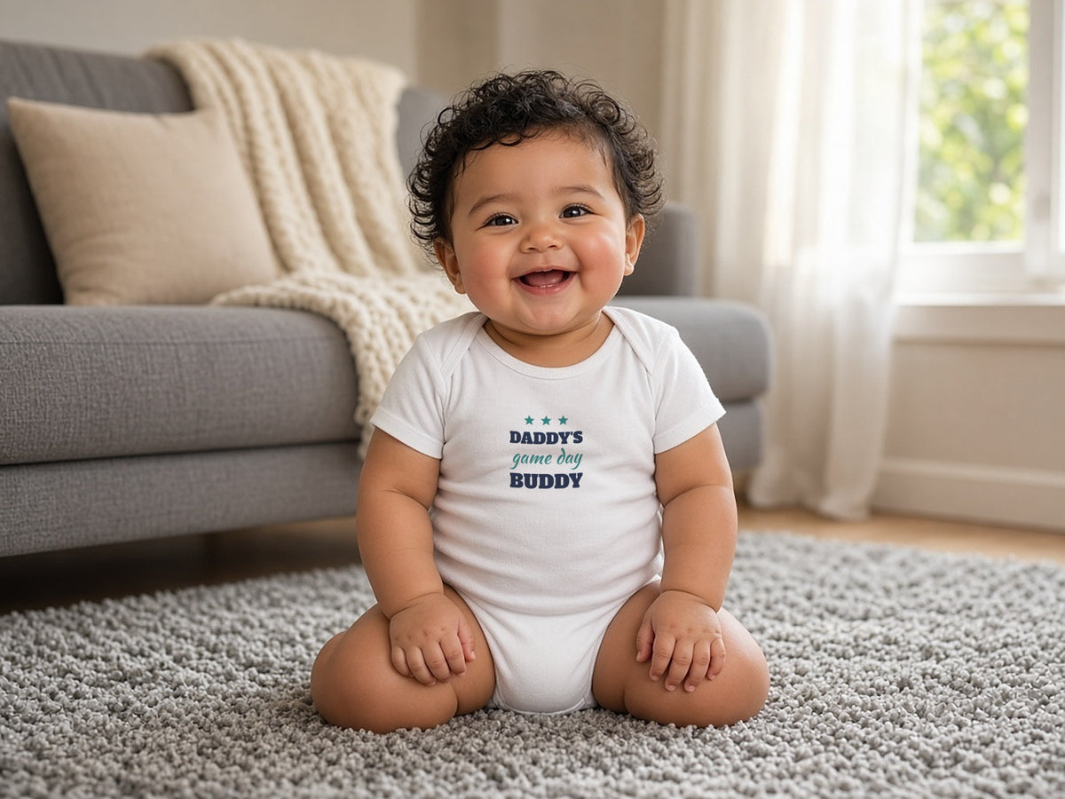 Daddy's Game Day Buddy Baby Bodysuit, Cute Sports Baby Outfit, lifestyle photo, White