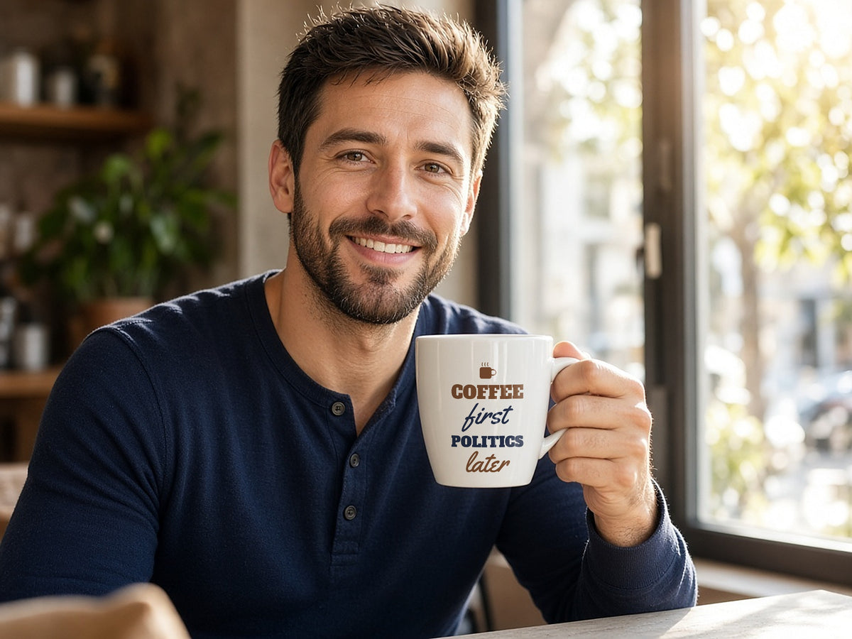 Coffee First, Politics Later Mug, Funny Political Coffee Mug, lifestyle photo
