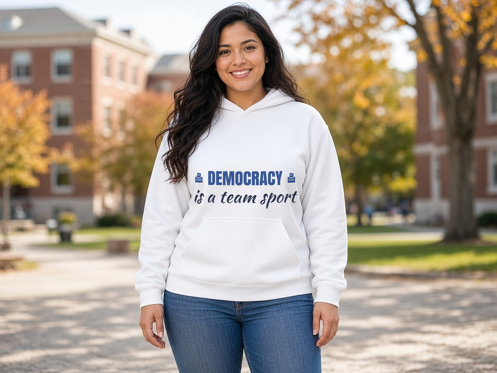 Democracy Is A Team Sport Hoodie, Voter Hoodie, lifestyle photo, White