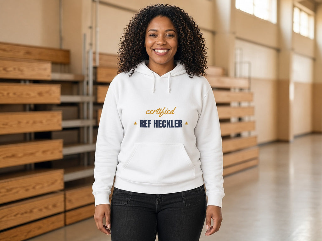 Certified Ref Heckler Hoodie, Funny Sports Fan Hoodie, lifestyle photo, White