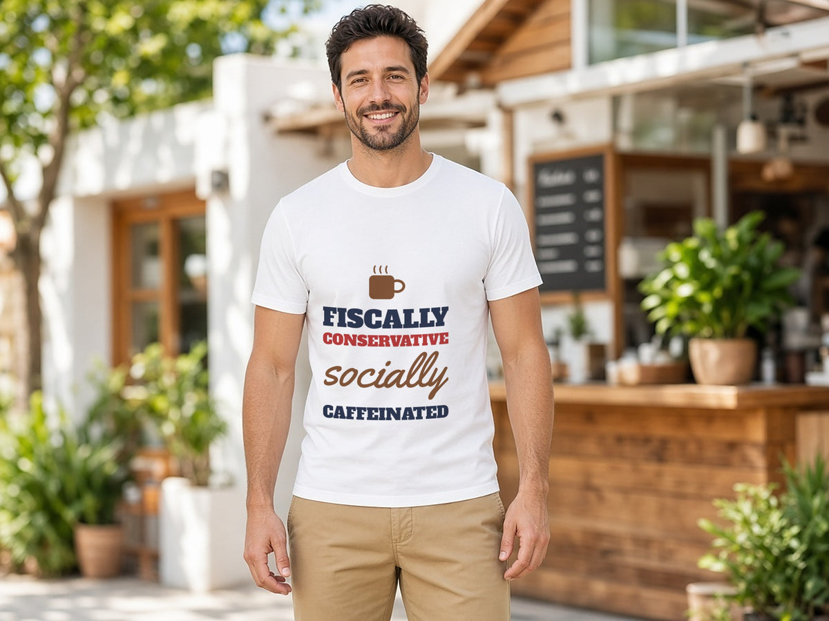 Fiscally Conservative, Socially Caffeinated T-Shirt, Funny Conservative Shirt, lifestyle photo, White