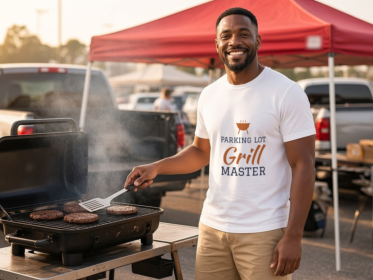 Parking Lot Grill Master T-Shirt, Funny Tailgate Shirt, lifestyle photo, White