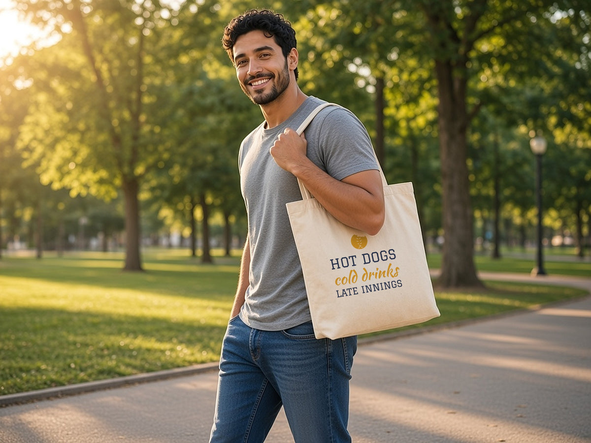Hot Dogs, Cold Drinks, Late Innings Tote Bag, Baseball Fan Tote, lifestyle photo