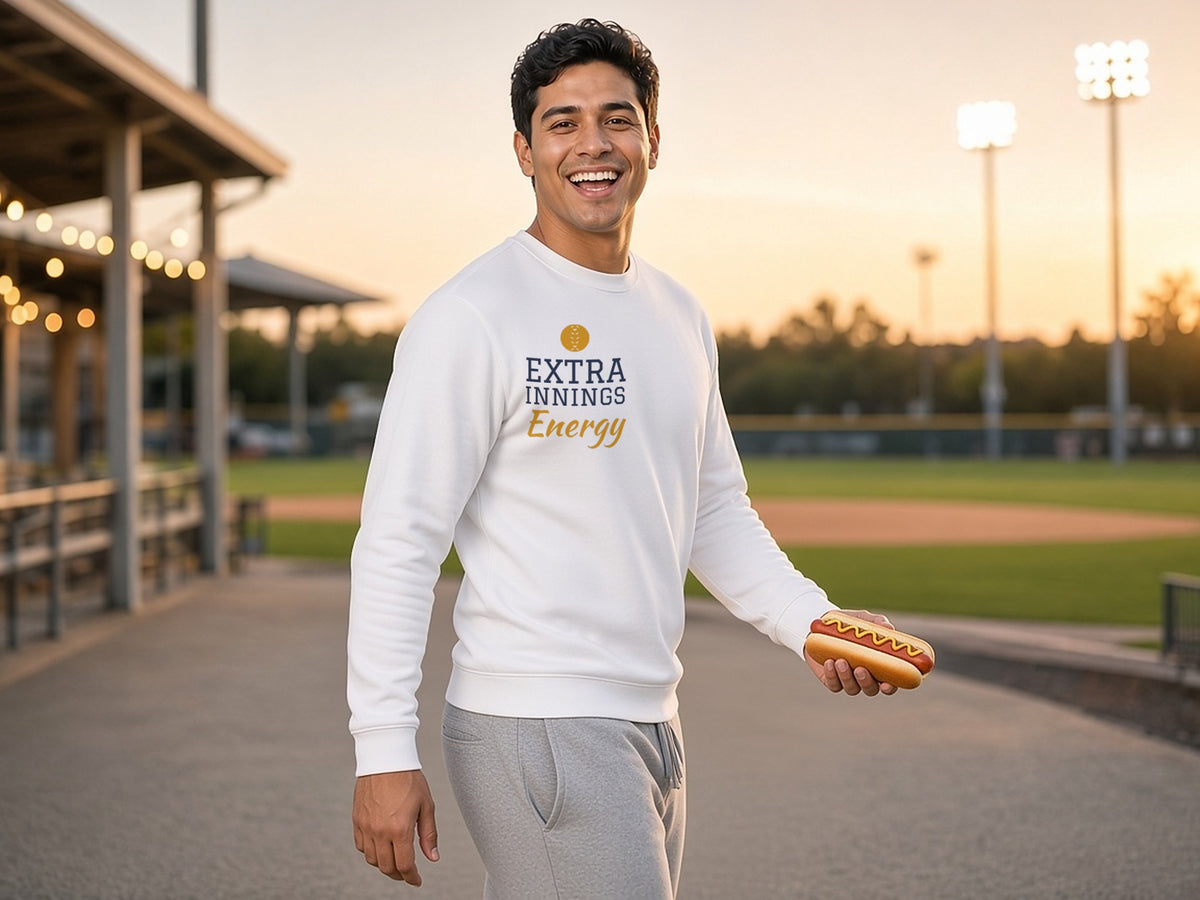 Extra Innings Energy Sweatshirt, Baseball Fan Sweatshirt, lifestyle photo, White