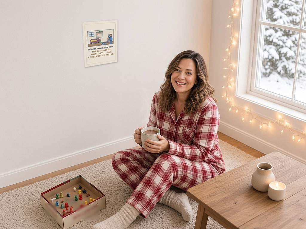Winter Break Poster, Day Nine, The Kids Asked Which Day It Was, I Checked My Phone, Funny Pajama Living Room Wall Art, lifestyle photo