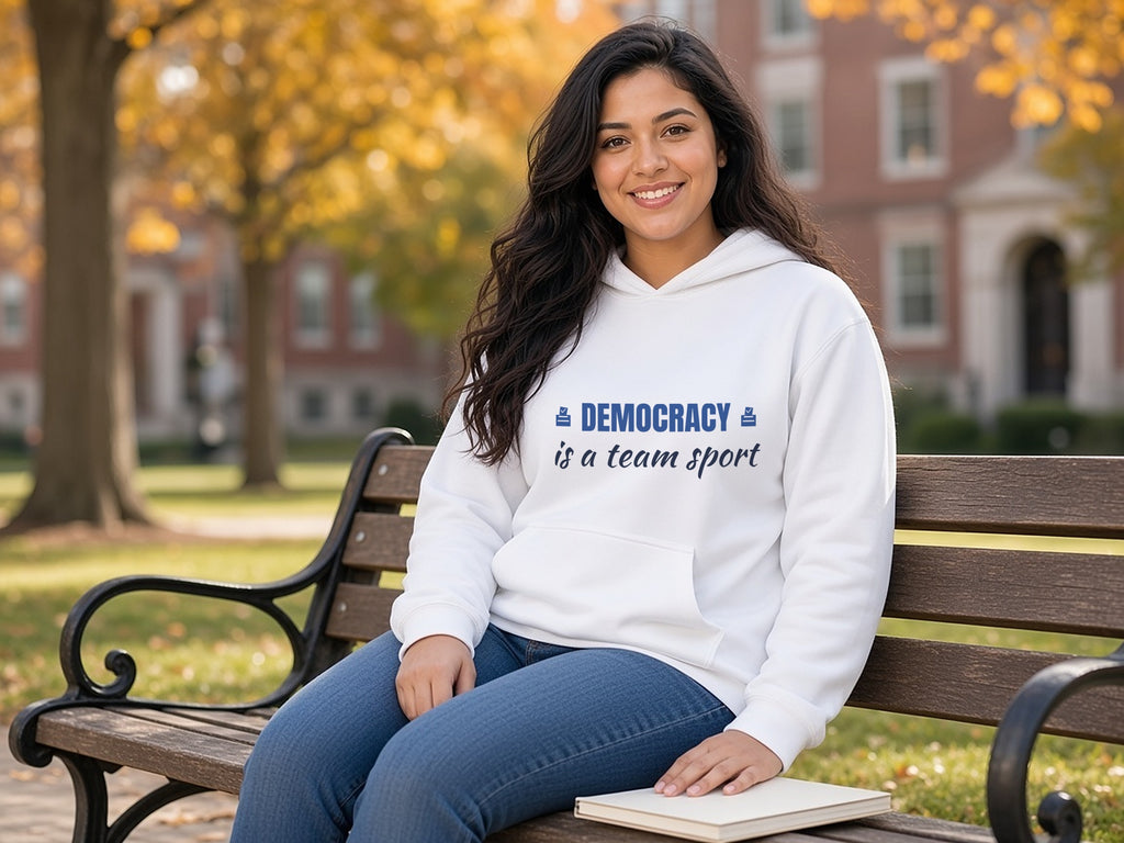 Democracy Is A Team Sport Hoodie, Voter Hoodie, lifestyle photo, White
