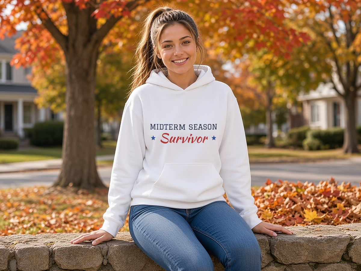Midterm Season Survivor Hoodie, Funny Election Hoodie, lifestyle photo, White