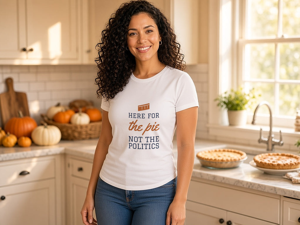 Here For The Pie, Not The Politics T-Shirt, Funny Thanksgiving Shirt, lifestyle photo, White