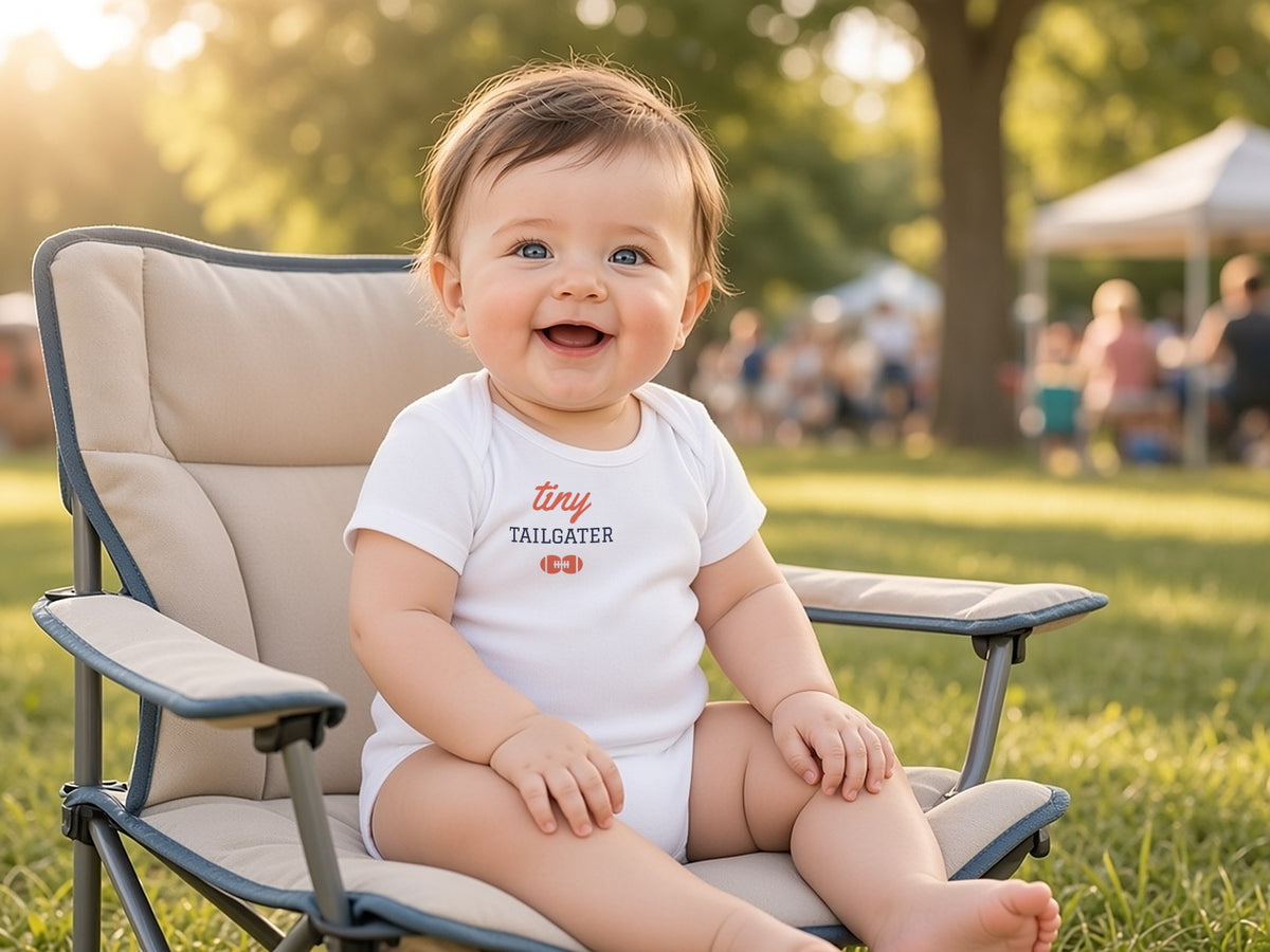 Tiny Tailgater Baby Bodysuit, Cute Game Day Baby Outfit, lifestyle photo, White