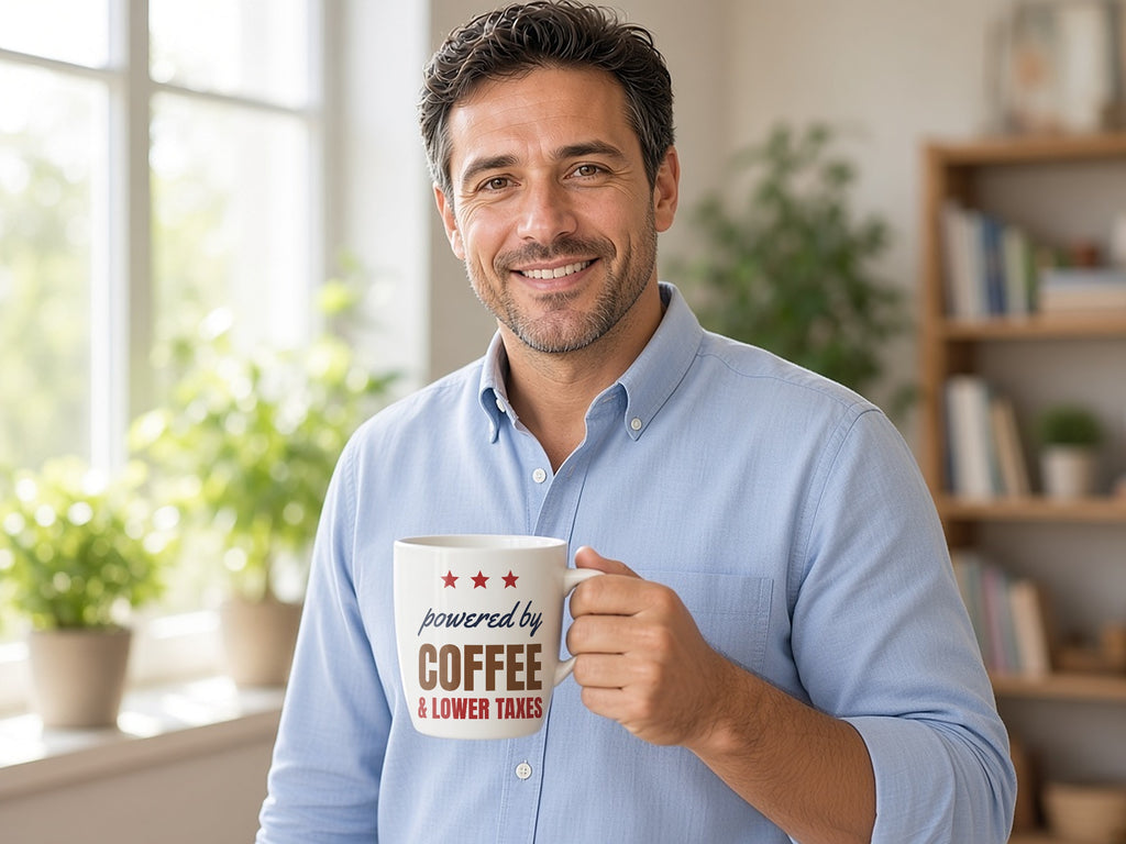 Powered By Coffee And Lower Taxes Mug, Funny Conservative Coffee Mug, lifestyle photo