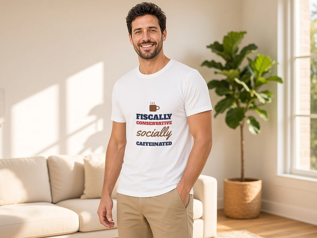 Fiscally Conservative, Socially Caffeinated T-Shirt, Funny Conservative Shirt, lifestyle photo, White