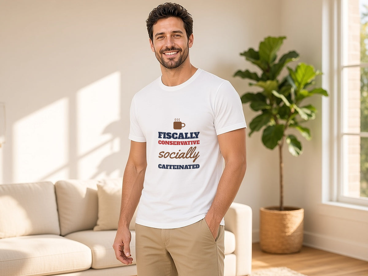 Fiscally Conservative, Socially Caffeinated T-Shirt, Funny Conservative Shirt, lifestyle photo, White