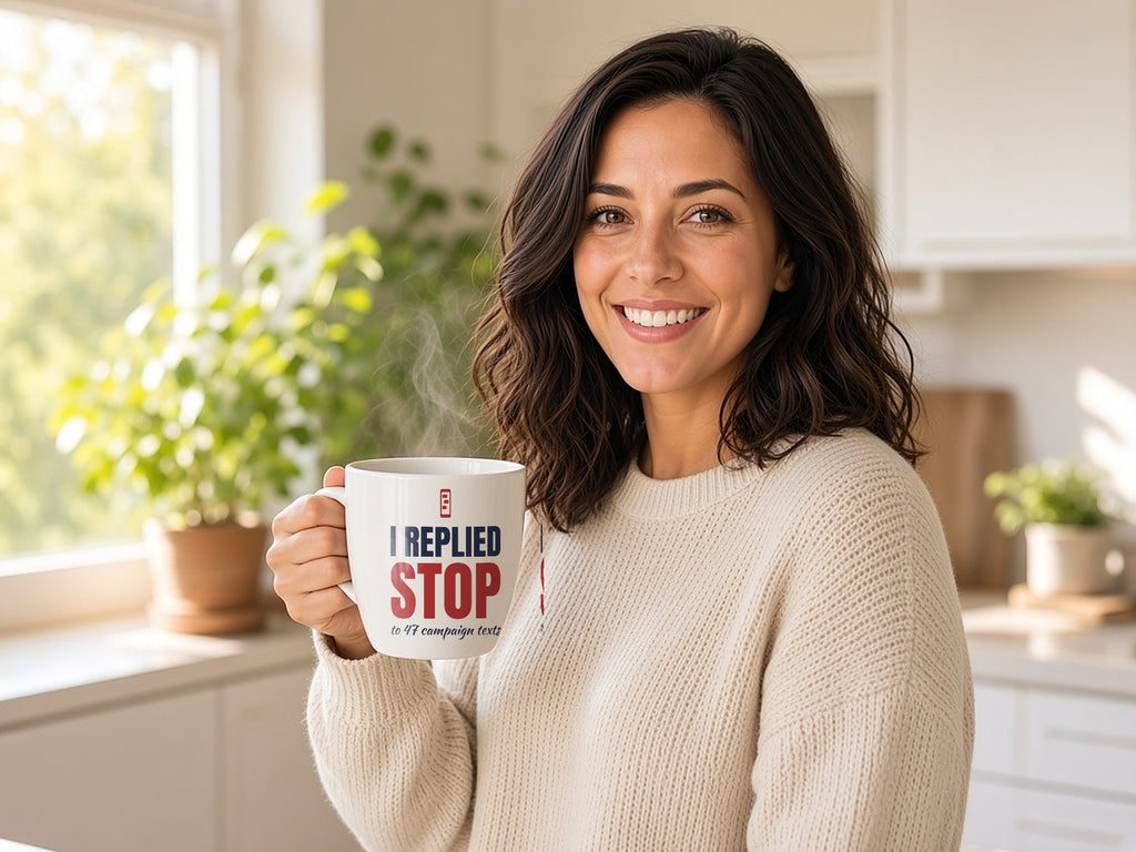 I Replied STOP To 47 Campaign Texts 15oz Mug, Funny Election Coffee Mug, lifestyle photo