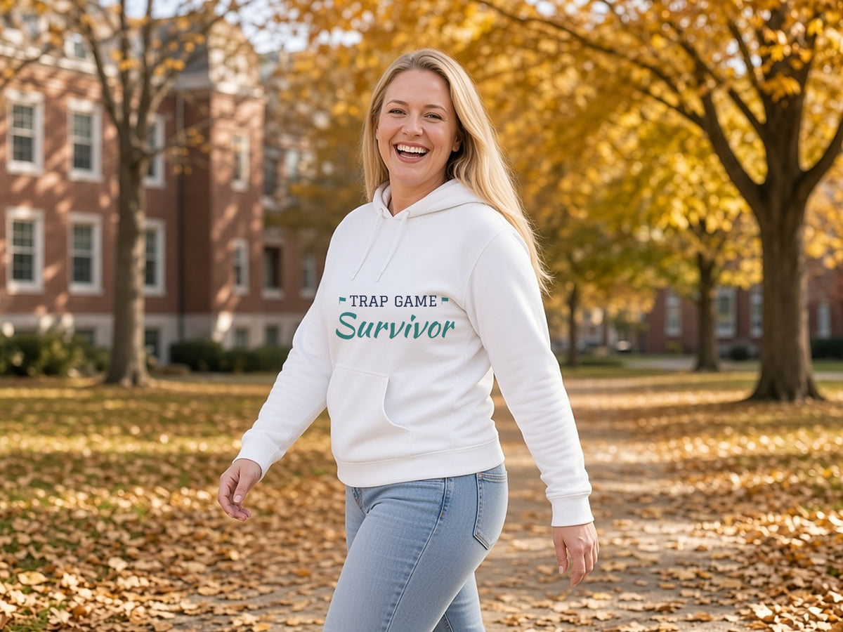 Trap Game Survivor Hoodie, Funny Football Season Hoodie, lifestyle photo, White