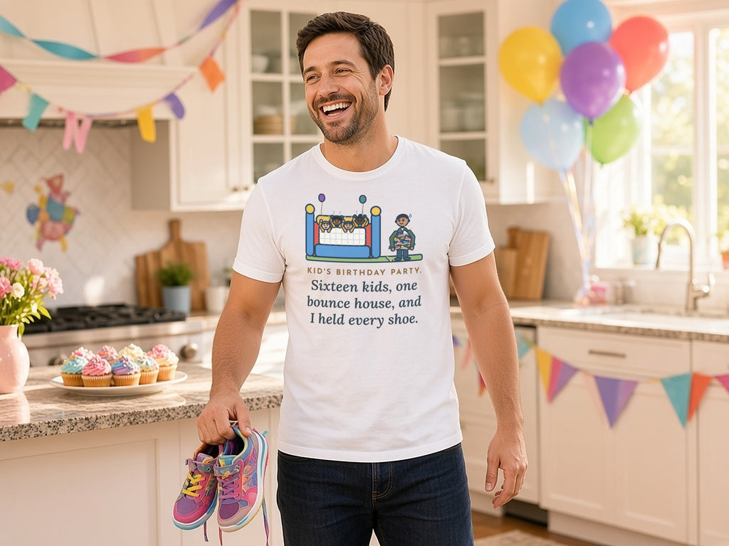 Funny Birthday Party T-Shirt, Sixteen Kids, One Bounce House, and I Held Every Shoe, Backyard Party Tee, walking, three-quarter, party kitchen, White