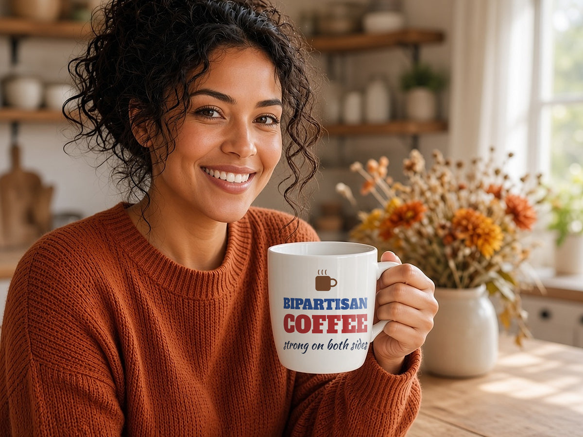 Bipartisan Coffee: Strong On Both Sides Mug, Funny Political Coffee Mug, lifestyle photo