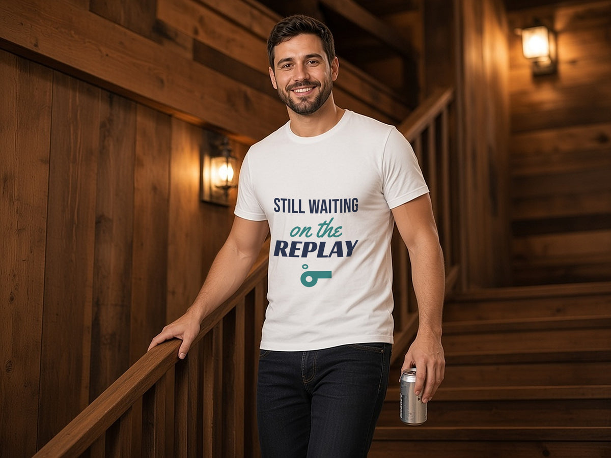 Still Waiting On The Replay T-Shirt, Funny Sports Fan Shirt, lifestyle photo, White