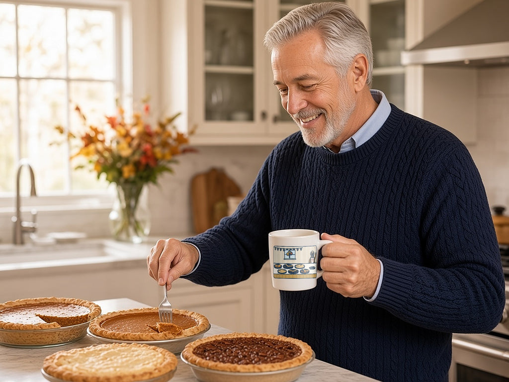 Thanksgiving Mug, Nine People, Six Pies, Grandpa Tried a Sliver of Every One Twice, Funny Coffee Mug 11oz, candid side-angle sneaking pie at kitchen counter, mug art side