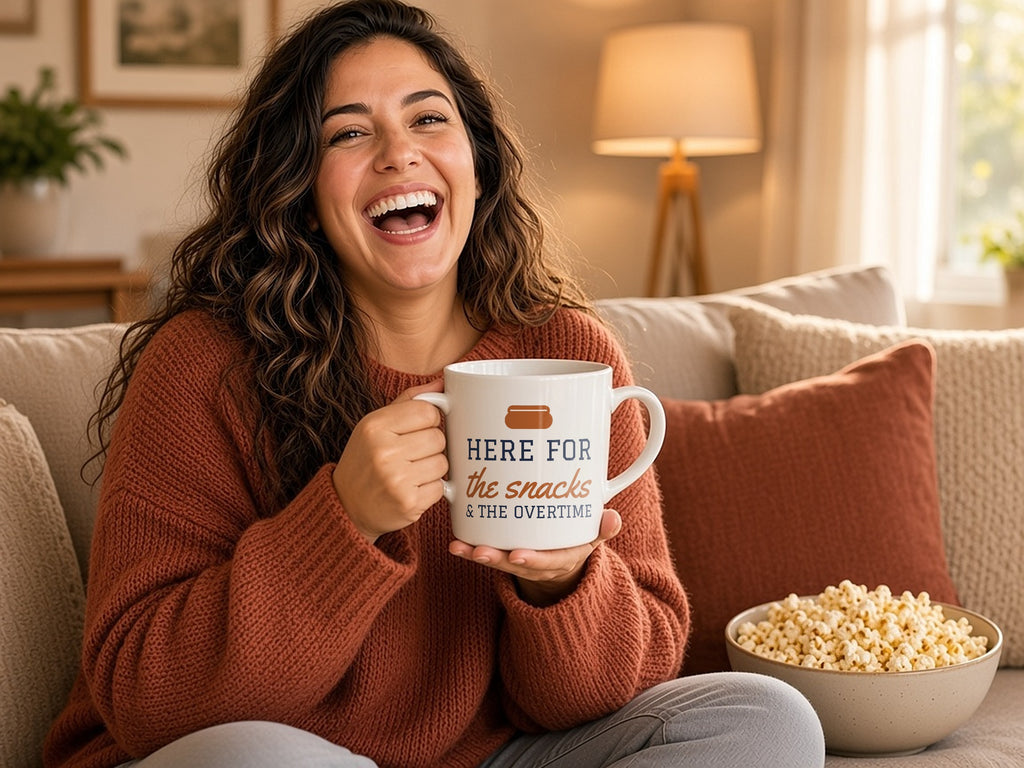 Here For The Snacks And The Overtime Mug, Funny Game Day Coffee Mug, lifestyle photo