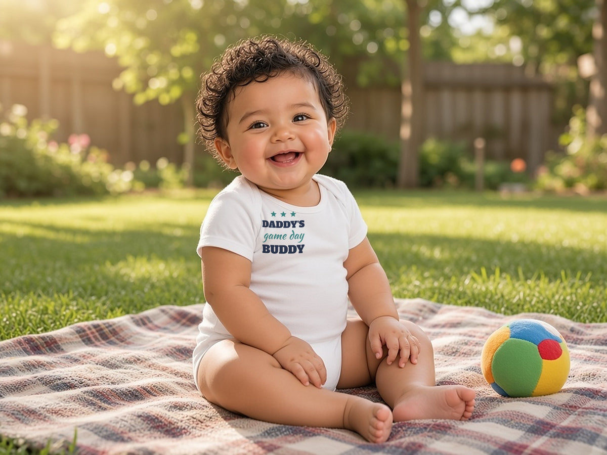 Daddy's Game Day Buddy Baby Bodysuit, Cute Sports Baby Outfit, lifestyle photo, White