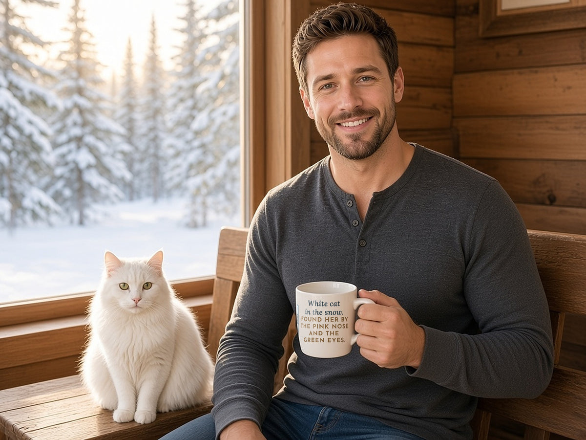 White Cat Mug, In the Snow, Found Her by the Pink Nose and the Green Eyes, Funny Coffee Mug 11oz, lifestyle photo