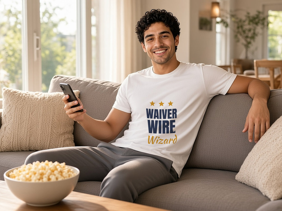 Waiver Wire Wizard T-Shirt, Funny Fantasy Football League Shirt, lifestyle photo, White