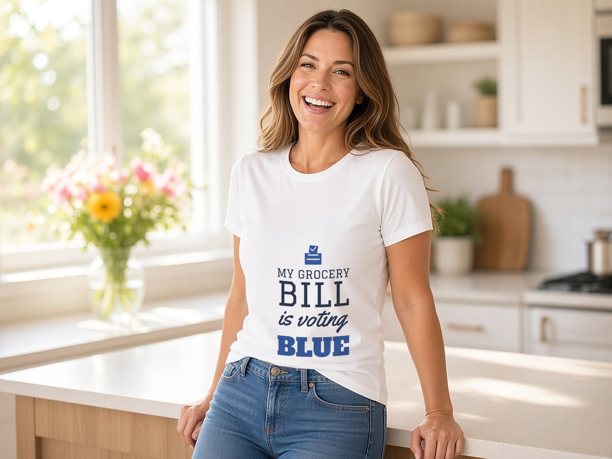 My Grocery Bill Is Voting Blue T-Shirt, Funny Democrat Shirt, lifestyle photo, White