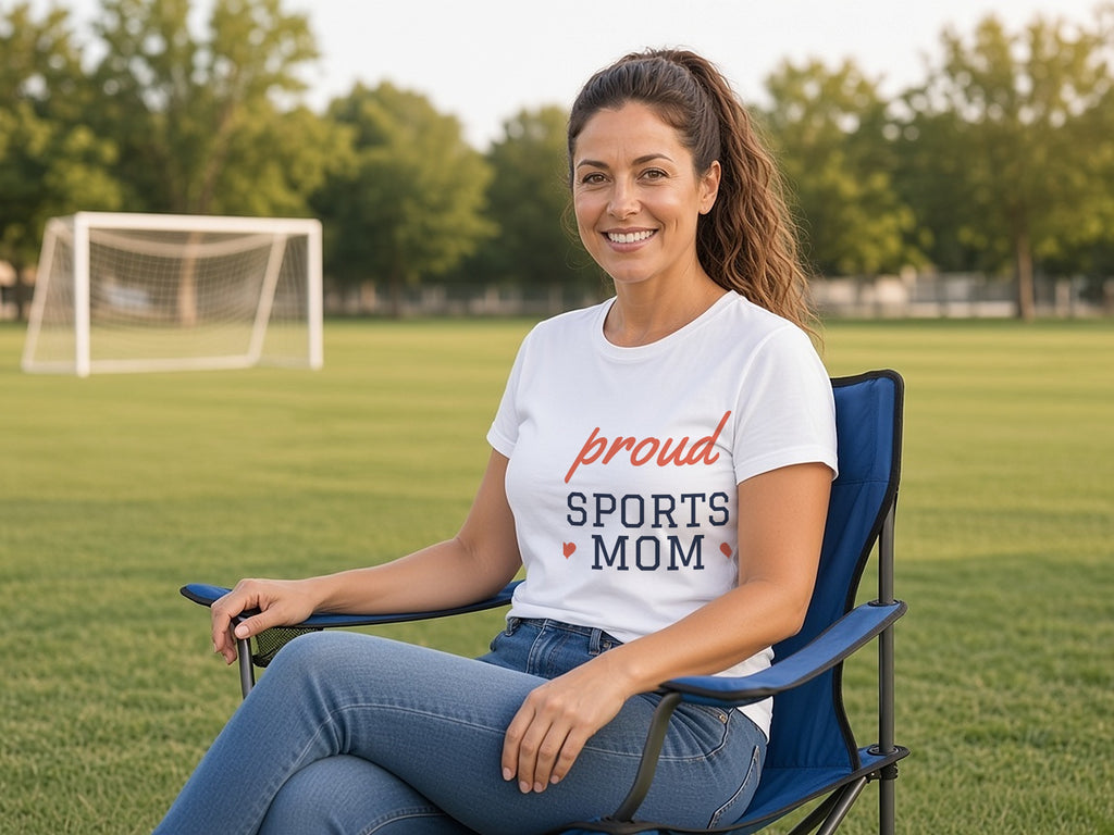 Proud Sports Mom T-Shirt, Cute Game Day Shirt for Moms, lifestyle photo, White