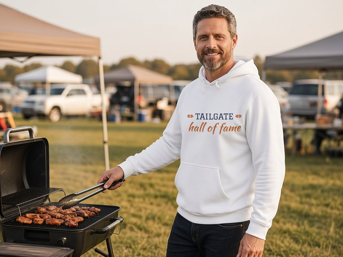 Tailgate Hall Of Fame Hoodie, Funny Tailgating Hoodie, lifestyle photo, White