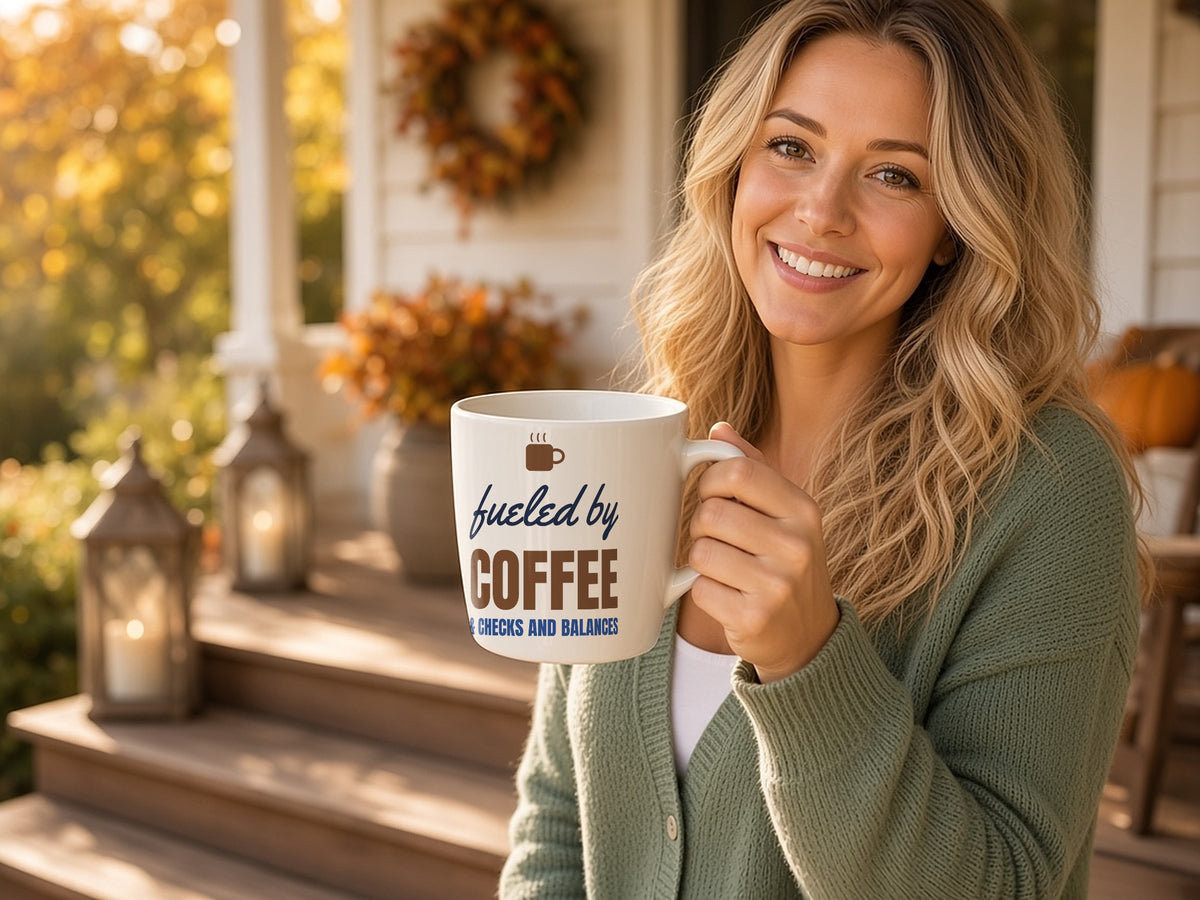 Fueled By Coffee And Checks And Balances 15oz Mug, Civics Coffee Mug, lifestyle photo