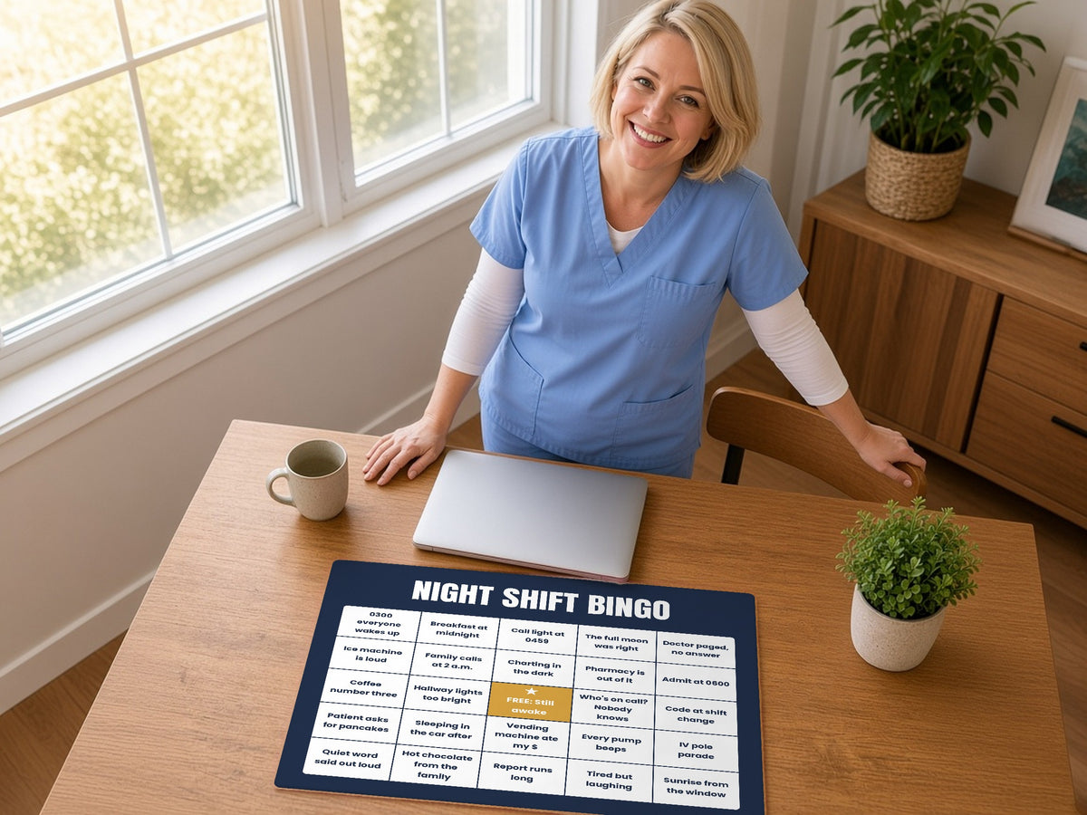Night Shift Nurse Bingo Desk Mat, lifestyle photo 2