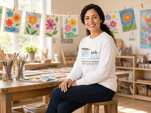 3rd Grade Teacher Crewneck Sweatshirt - Twenty-Six Students, Four Pencils Left, lifestyle photo, White