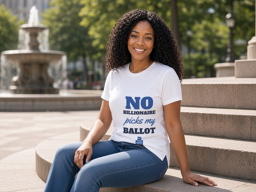 No Billionaire Picks My Ballot T-Shirt, Voter Independence Shirt, lifestyle photo, White