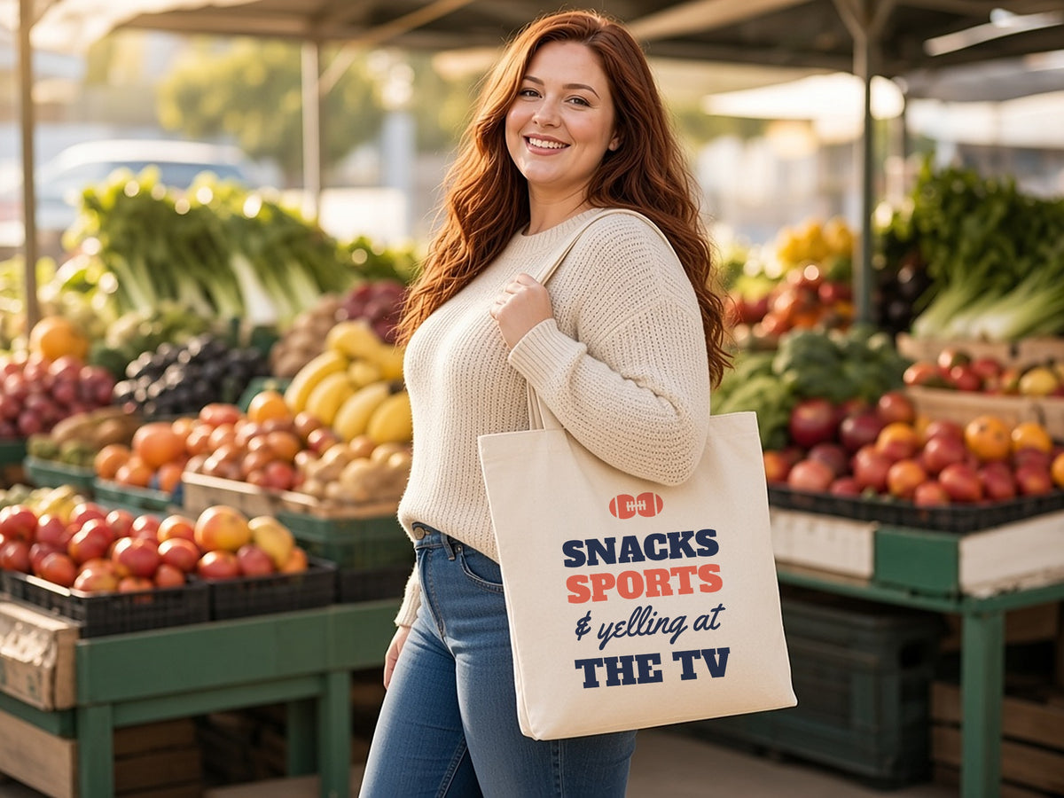 Snacks, Sports And Yelling At The TV Tote Bag, Funny Game Day Tote, lifestyle photo
