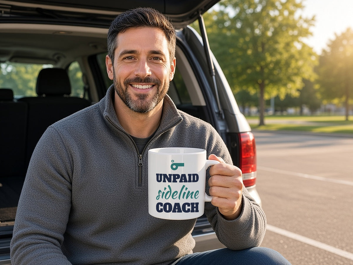 Unpaid Sideline Coach Mug, Funny Sports Parent Coffee Mug, lifestyle photo